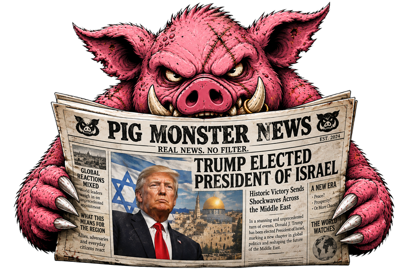Pig Monster News mascot reading the paper