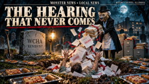 The Hearing That Never Comes - Monster News cinematic satire with the hyena lunch-lady character.