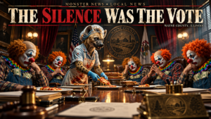 The Silence Was the Vote - Monster News cinematic satire with the hyena lunch-lady character.