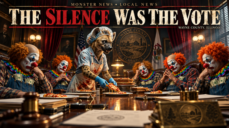 The Silence Was the Vote - Monster News cinematic satire with the hyena lunch-lady character.