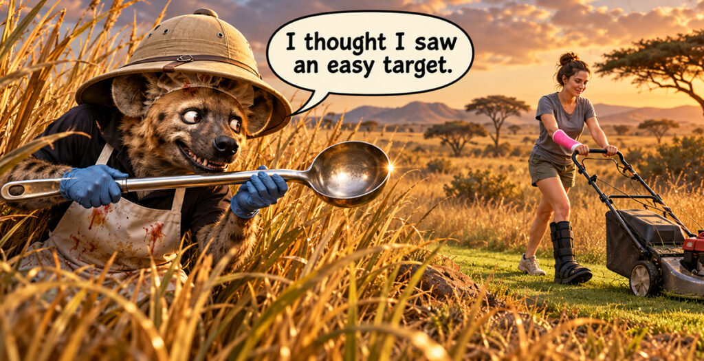 Illustration: a hyena in a safari hat and a stained apron crouches in tall grass holding a large serving spoon, with a speech bubble reading 'I thought I saw an easy target.'