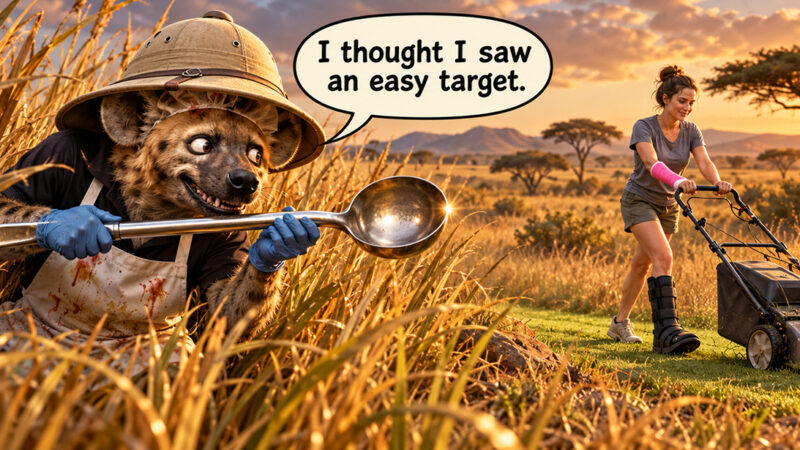 Illustration: a hyena in a safari hat and a stained apron crouches in tall grass holding a large serving spoon, with a speech bubble reading 'I thought I saw an easy target.'