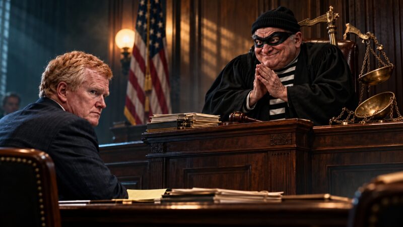 Editorial illustration of Alex Murdaugh facing a fictional burglar-like judge beside broken scales of justice.