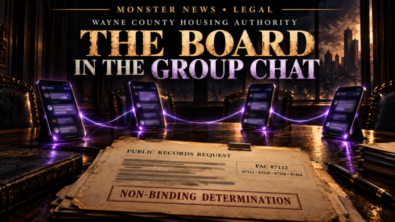 Monster News Legal: Wayne County Housing Authority PAC review 87112. Consolidated non-binding determination: failure to cooperate violated OMA; evidence indicated unlawful electronic meetings