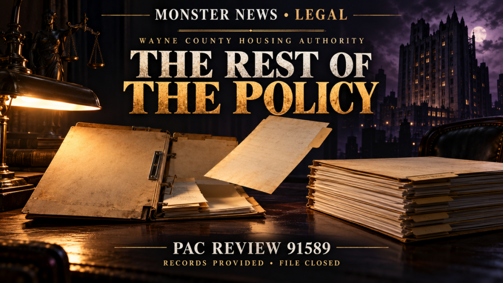 Monster News Legal: Wayne County Housing Authority PAC review 91589. Informal resolution: full policy provided; complaint closed