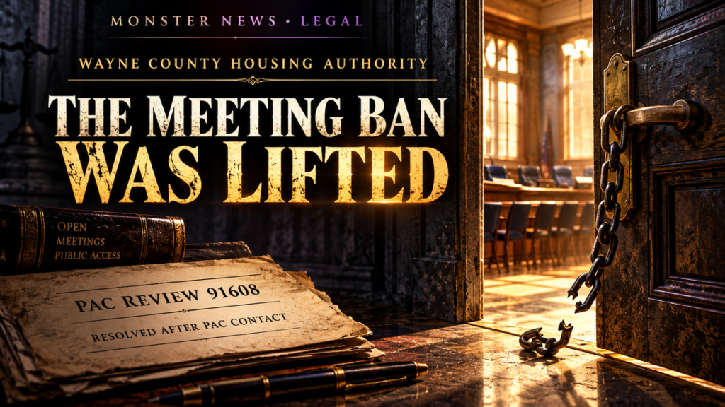 Monster News Legal: Wayne County Housing Authority PAC review 91608. Informal resolution: ban lifted; file closed without a merits determination