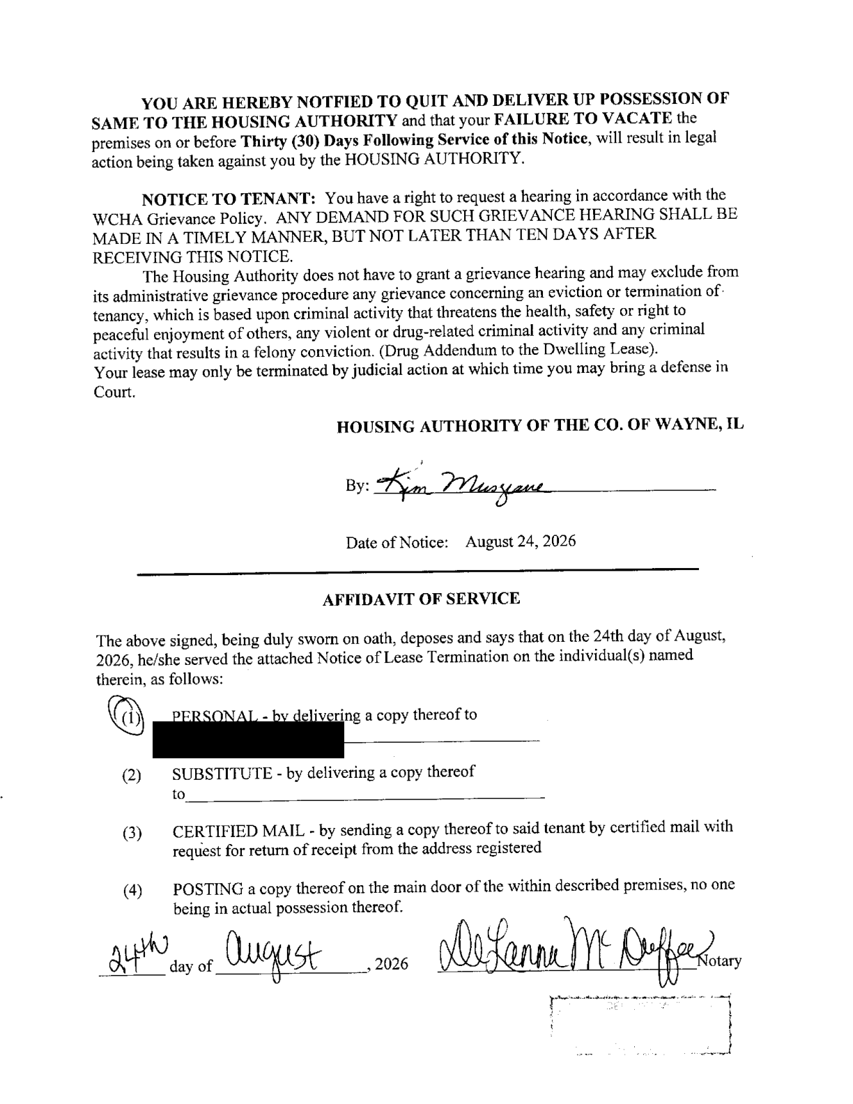 Page 2 of WCHA's notice: hearing rights and ten-day deadline, with the recipient's name redacted.