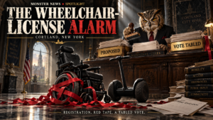 Cortland, New York: a wheelchair and Segway at a municipal permit counter, with an owl-headed clerk and labels Proposed and Vote Tabled. Satirical editorial illustration.