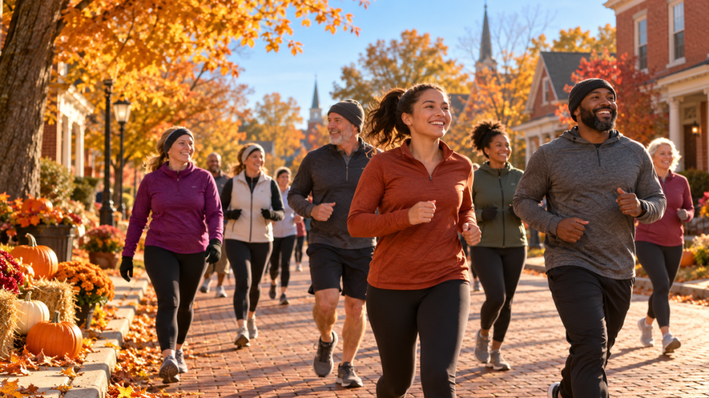 Cinematic illustration of adults running and walking along an autumn small-town street; not a photograph of this race.