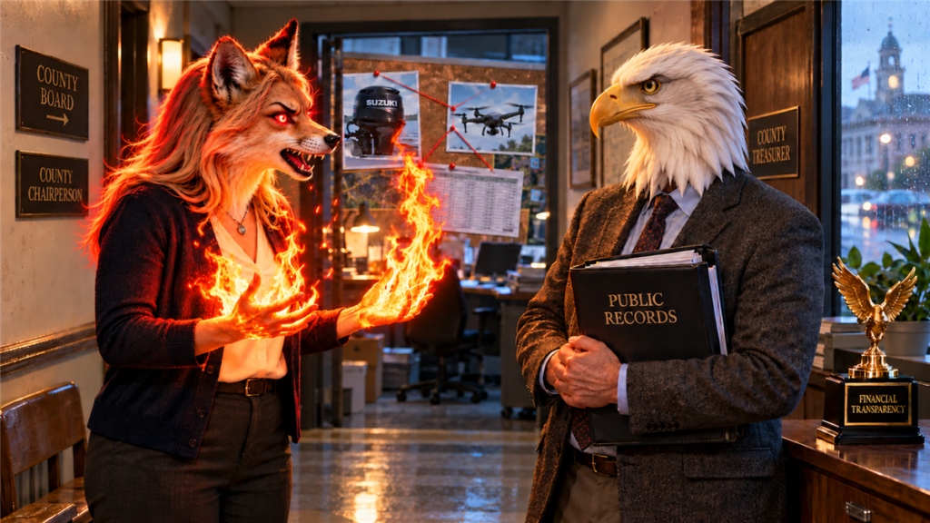 Editorial satire: a fox-headed county chairperson gestures with flaming hands while a bald-eagle-headed treasurer holds public records beside a financial-transparency trophy.