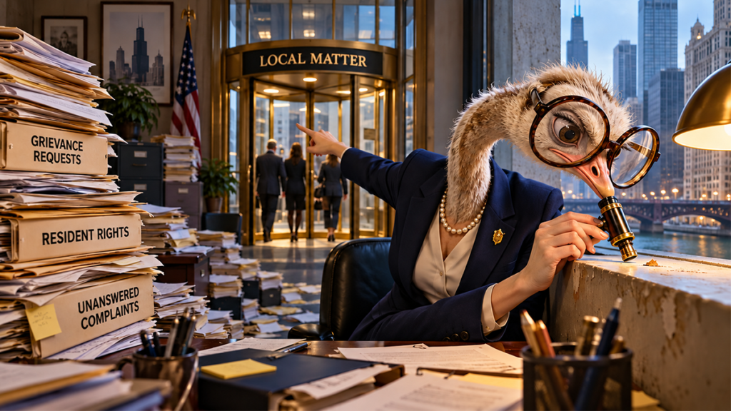 An ostrich-headed bureaucrat in a navy suit and pearls examines a tiny paint defect through a jeweller's loupe while boxes of grievance requests, resident rights and unanswered complaints pile up behind her.
