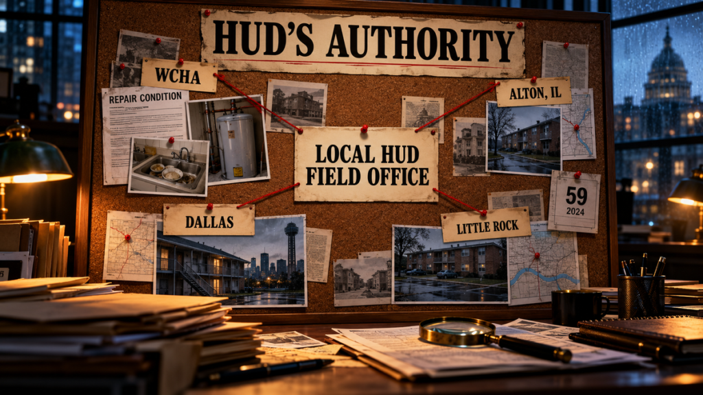 Cinematic editorial illustration of an investigation corkboard tracing housing-authority complaints and enforcement cases to the local HUD field office.