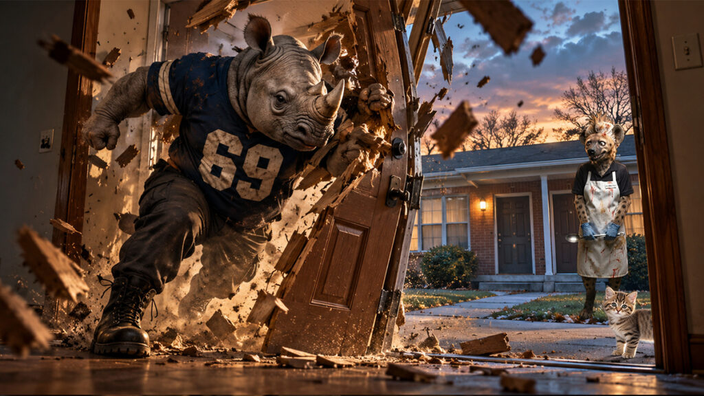 Illustration: a short, barrel-chested rhinoceros in a red football jersey entering the doorway of a small duplex, a hyena in a lunch-lady uniform holding a clipboard on the walk behind him, a grey cat on the porch rail.