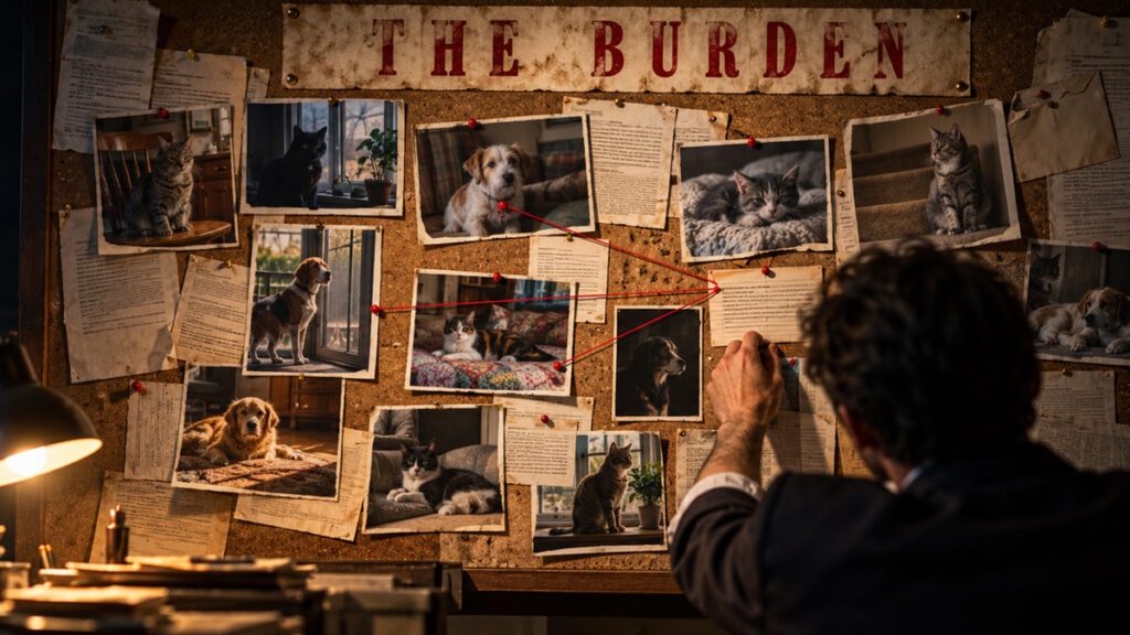 An investigator pins a photograph to a corkboard of household pets, citations and red string beneath a banner reading THE BURDEN.