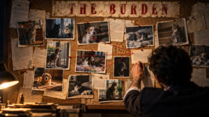 An investigator pins a photograph to a corkboard of household pets, citations and red string beneath a banner reading THE BURDEN.