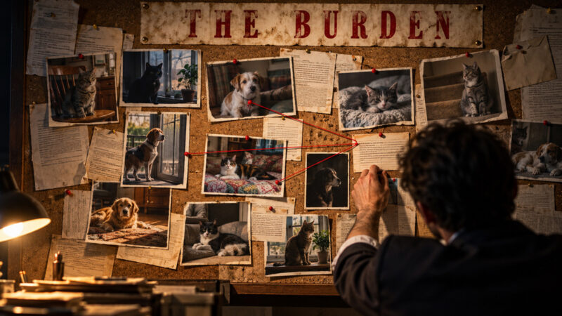 An investigator pins a photograph to a corkboard of household pets, citations and red string beneath a banner reading THE BURDEN.