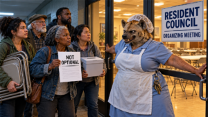 Editorial illustration of a hyena lunch lady blocking a community-room door while residents arrive with chairs, a ballot box, and a written request marked Not Optional.