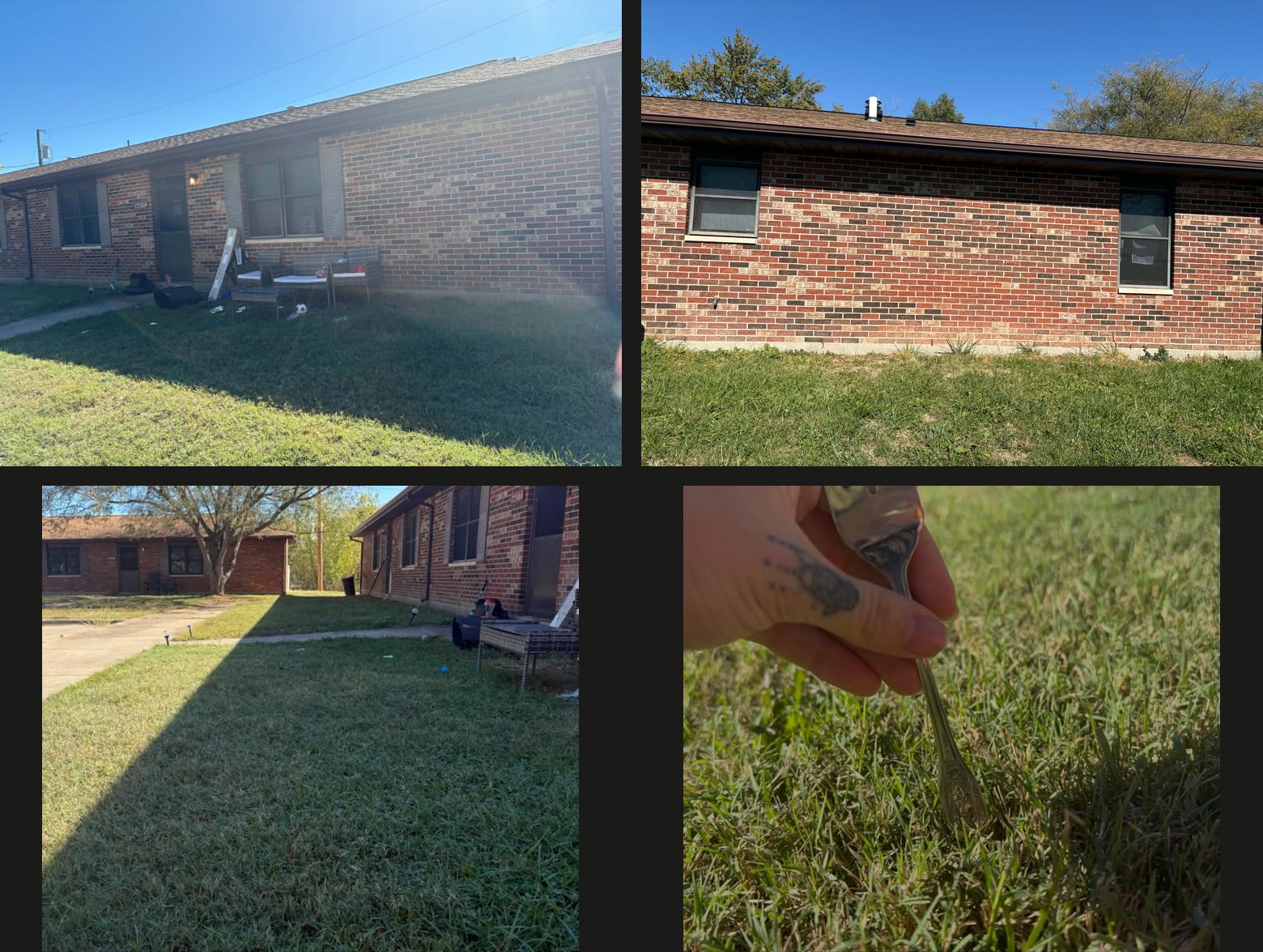 Four photographs: the front and back of a brick duplex, a long shot across both halves with the lawn and sidewalk, and a fork pushed into the grass.