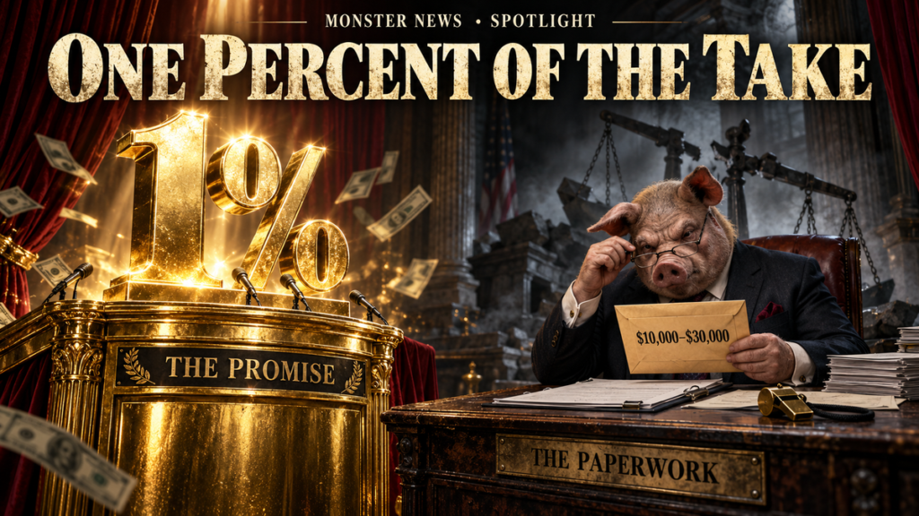 One Percent of the Take: a golden one-percent podium promise beside a pig-headed official holding a $10,000 to $30,000 envelope. Satirical editorial illustration.