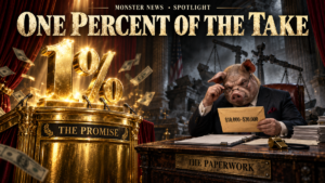 One Percent of the Take: a golden one-percent podium promise beside a pig-headed official holding a $10,000 to $30,000 envelope. Satirical editorial illustration.