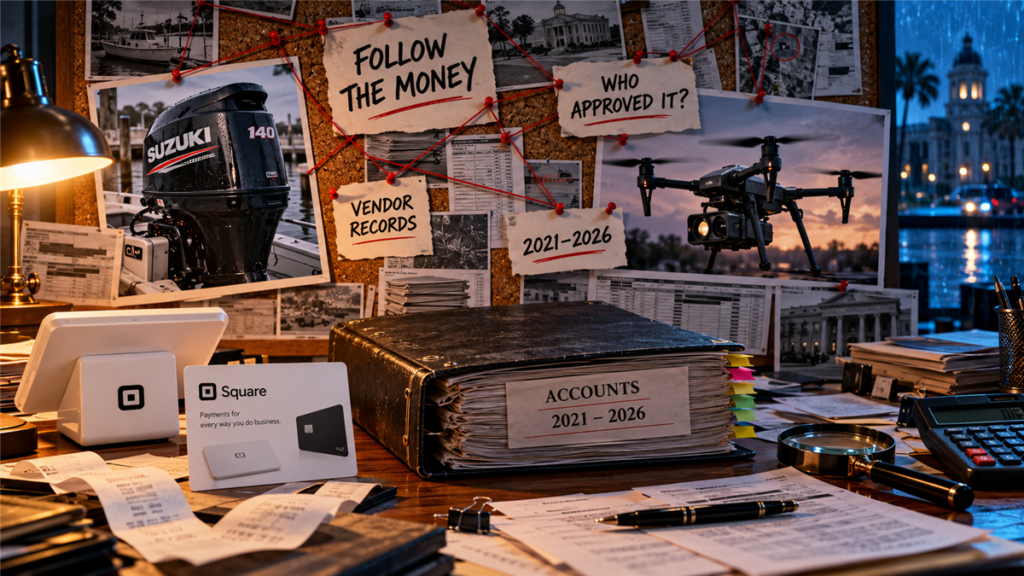 Illustrative newsroom corkboard connects a Suzuki outboard motor, a professional drone, a Square payment display and a five-year account ledger.