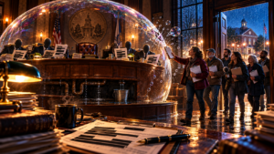 Satirical illustration of residents with nomination petitions breaking a bubble around a council dais, with redacted invoices and leaking pipes.