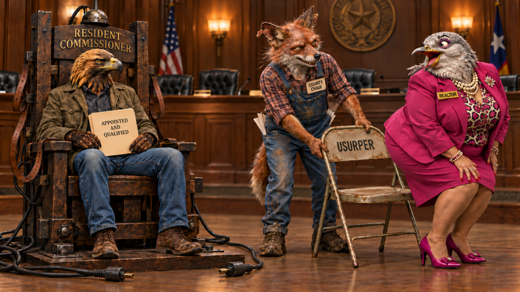 Cinematic editorial satire: an eagle sits in the resident commissioner chair while a county-chair fox offers a folding chair to a realtor character.