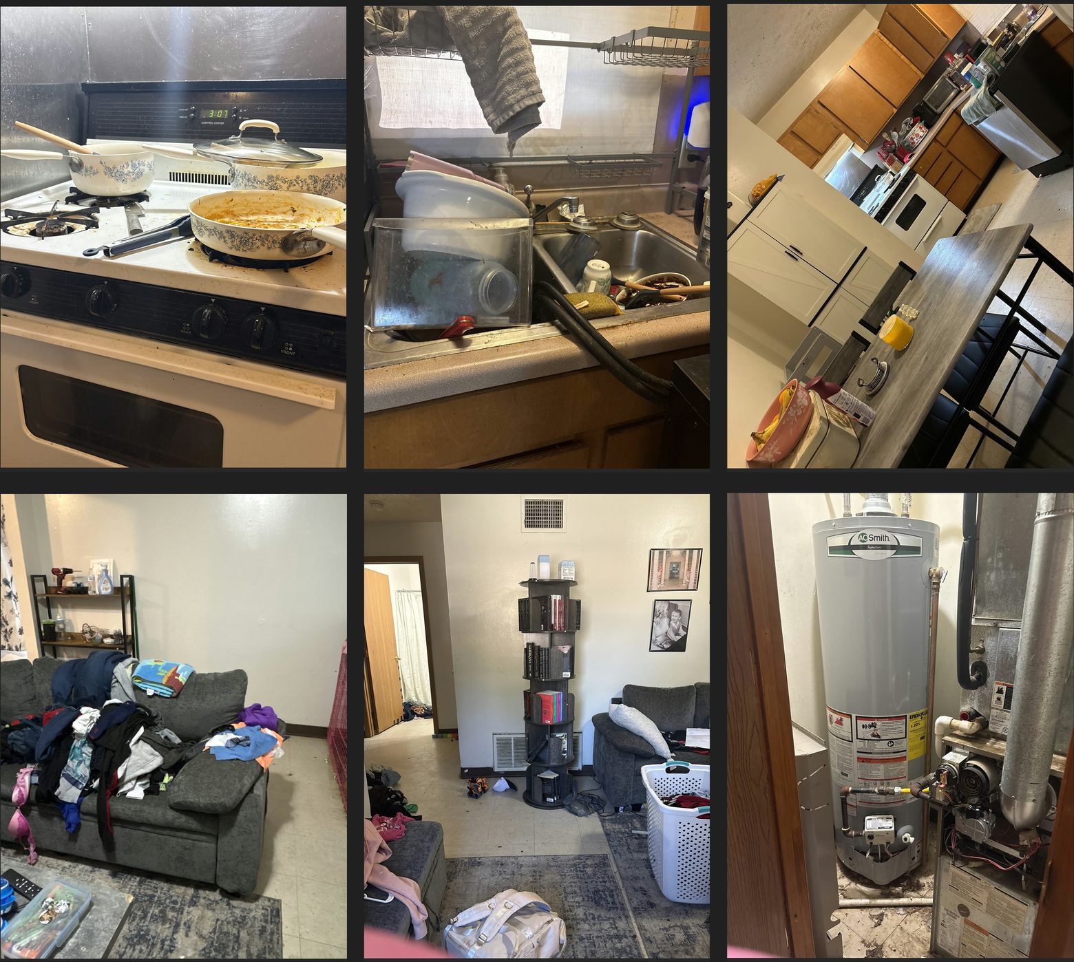 Six photographs of the interior: living room, dining area, bathroom, entryway, utility closet door and the water heater.