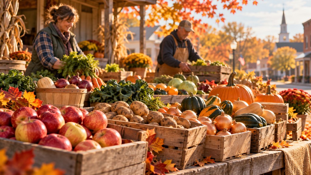 Cinematic illustration of seasonal produce in wooden crates at a small-town stand; not a photograph of the actual sale.