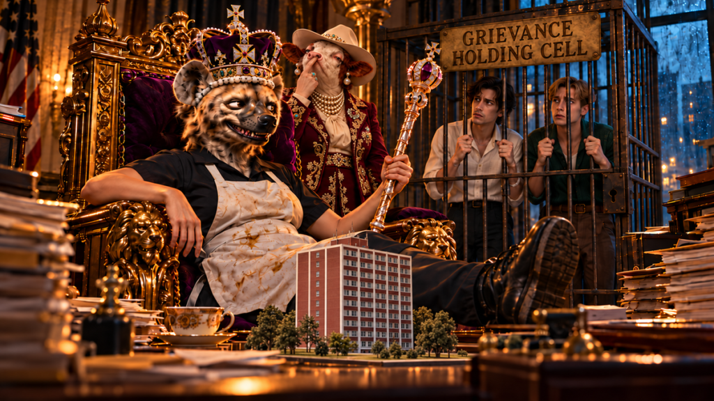 A crowned hyena-headed lunch-lady sits on a golden throne beside a miniature of Fairfield’s red-brick high-rise. A cow-headed character picks her nose behind the throne; two adult men stand in a cage labeled Grievance Holding Cell.