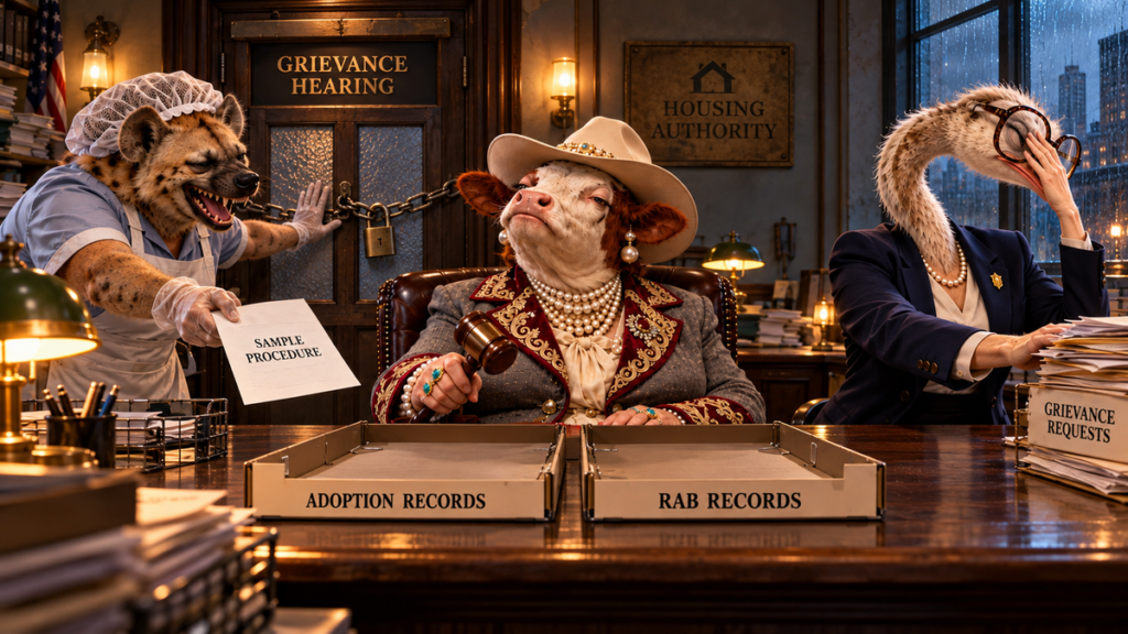 Satirical illustration: lunch-lady hyena blocks a chained grievance-hearing door; cow presides over empty record trays; ostrich covers her glasses and turns away.