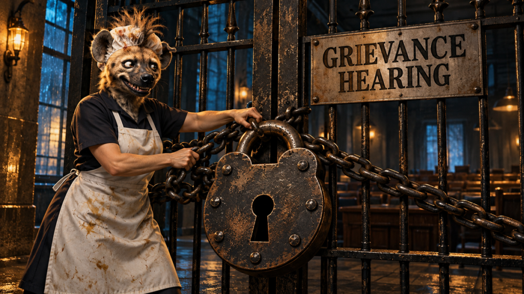 A lunch-lady character with a hyena head and human hands chains an iron gate labeled Grievance Hearing shut with an enormous antique padlock.