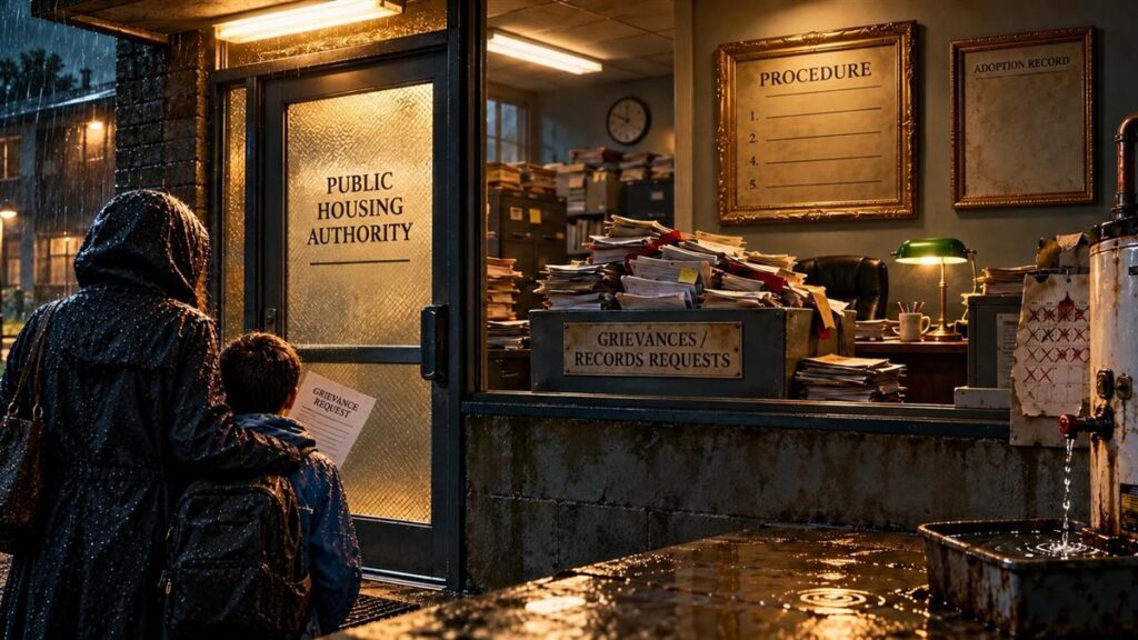 Satirical illustration of a mother and her pre-teen son waiting in the rain outside a closed housing office.