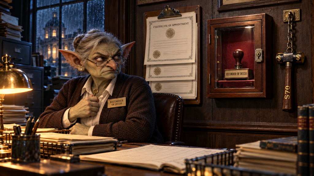 Female goblin-headed clerk holds a key beside appointment certificates and a locked glass case containing a Recorder of Deeds stamp. A chained hammer bears dollar signs and $70.