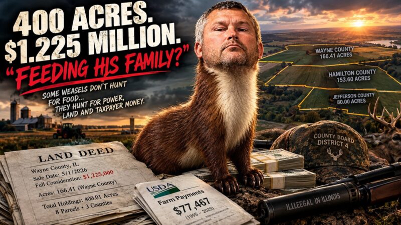 Illustration headed "400 Acres. $1.225 Million." with the words "Feeding his family?" in red — a weasel with a man’s face standing over a Wayne County land deed, bundles of cash and a USDA farm-payment sheet showing $77,467, with Wayne, Hamilton and Jefferson county acreage marked and a suppressed rifle labelled "Illegal in Illinois" in the foreground.